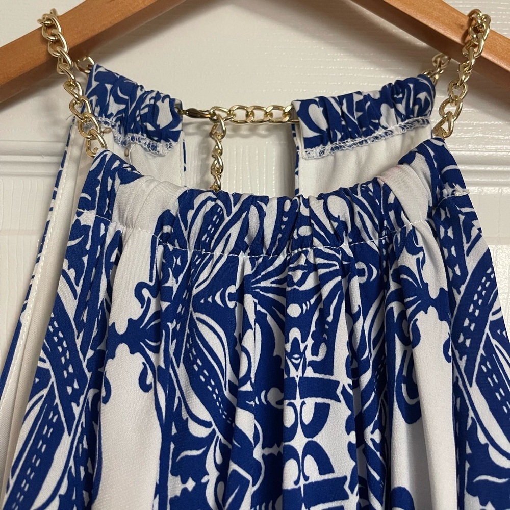 Bisou Bisou White & Blue Maxi Dress With Gold Chain Neck - Picture 4 of 7